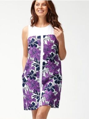 Tommy Bahamas Blissful Blooms Linen-Blend‎ Purple Floral Shift Dress Size L